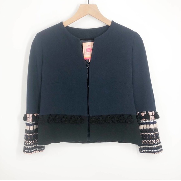 Vilagallo Jackets & Blazers - Vilagallo Tweed Blazer Jacket Blue Waist Length Hook Eye Lined Tassel Size 42